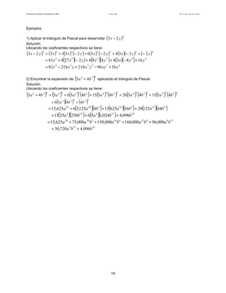 Facultad de Contaduría y Administración. UNAM Productos notables Autor: Dr. José Manuel Becerra Espinosa
14
Ejemplos.
1) Aplicar el triángulo de Pascal para desarrollar ( )4
23 yx −
Solución.
Ubicando los coeficientes respectivos se tiene:
( ) ( ) ( ) ( ) ( ) ( ) ( )( ) ( )4322344
2234236234323 yyxyxyxxyx −+−+−+−+=−
( )( ) ( )( ) ( )( ) 432234
16834496227481 yyxyxyxx +−++−+=
432234
169621621681 yxyyxyxx +−+−=
2) Encontrar la expansión de ( )634
45 ba + aplicando el triángulo de Pascal.
Solución.
Ubicando los coeficientes respectivos se tiene:
( ) ( ) ( ) ( ) ( ) ( ) ( ) ( ) ( ) ( )43243334234435464634
451545204515456545 babababaaba ++++=+
( )( ) ( )63534
4456 bba ++
( )( ) ( )( ) ( )( )91261632024
641252016625154125,36625,15 bababaa +++=
( )( ) ( )( ) 18154128
096,4024,1562562515 bbaba +++
12891261632024
000,96000,160000,150000,75625,15 babababaa ++++=
18154
096,4720,30 bba ++
 