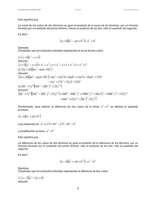 Facultad de Contaduría y Administración. UNAM Productos notables Autor: Dr. José Manuel Becerra Espinosa
9
Esto significa que:
La suma de los cubos de dos términos es igual al producto de la suma de los términos, por un trinomio
formado por el cuadrado del primer término, menos el producto de los dos, más el cuadrado del segundo.
Es decir:
( )( ) 3322
babababa +=+−+
Ejemplos.
Comprobar que los productos indicados representan la suma de dos cubos.
1) ( )( )11 2
+−+ xxx
Solución.
( )( ) 3332232
11111 +=+=+−++−=+−+ xxxxxxxxxx
2) ( )( )22
96432 bababa +−+
Solución:
( )( ) 32222322
2718121812896432 babbaabbaabababa +−++−=+−+
( ) ( )3333
32278 baba +=+=
3) ( )( )1262462
25201654 jjkkjk +−+
Solución:
( )( ) 18122461226461262462
12510080100806425201654 jjkkjjkjkkjjkkjk +−++−=+−+
( ) ( )3632186
5412564 jkjk +=+=
Similarmente, para obtener la diferencia de dos cubos de la forma
33
ba − se efectúa el siguiente
producto:
( )( )22
bababa ++−
cuyo desarrollo es:
322223
babbaabbaa −−−++
y simplificando se tiene:
33
ba −
Esto significa que:
La diferencia de los cubos de dos términos es igual al producto de la diferencia de los términos, por un
trinomio formado por el cuadrado del primer término, más el producto de los dos, más el cuadrado del
segundo.
Es decir:
( )( ) 3322
babababa −=++−
Ejemplos.
Comprobar que los productos indicados representan la diferencia de dos cubos
1) ( )( )422 2
++− yyy
Solución.
 