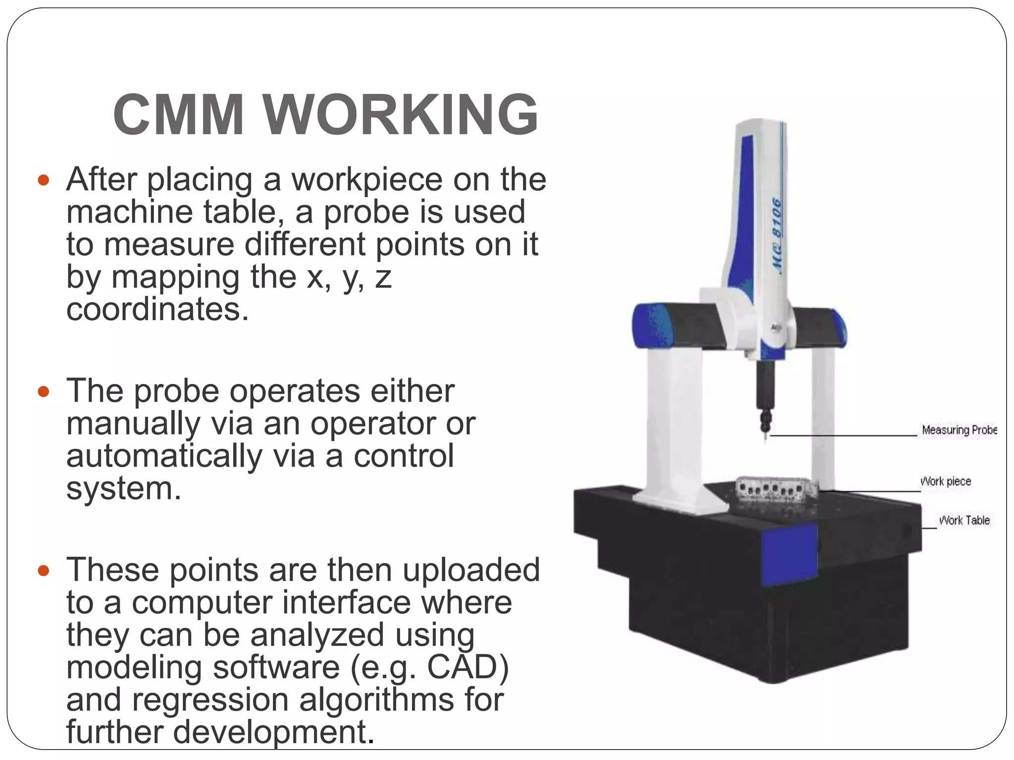 CMM WORKING
 After placing a workpiece on the
machine table, a probe is used
to measure different points on it
by mapping the x, y, z
coordinates.
 The probe operates either
manually via an operator or
automatically via a control
system.
 These points are then uploaded
to a computer interface where
they can be analyzed using
modeling software (e.g. CAD)
and regression algorithms for
further development.
 