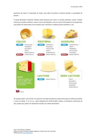 11 de Janeiro, 2013
Autor: Teresa Batista | tbbatista
Artigo escrito para a Revista Complexo Magazine | Saúde: Bem-estar e Nutrição
Website pessoal: http://tbbatista.pt
gorduroso de todos. A maturação do queijo, para além da gordura, aumenta também a quantidade de
lactose.
O queijo Mozarela é bastante utilizado pelas pessoas para cobrir ou rechear alimentos, porém, existem
outros que o podem substituir e, assim, inovar nas refeições, como é o caso do Parmesão ou do Gorgonzola,
que podem ser adicionados como tempero para macarrão ou salada porque substituem o sal.
Os queijos podem, sem dúvida, ser parte de uma dieta saudável se soubermos quais as melhores escolhas
e como os utilizar. A My Recipes, parte integrante da revista Health, revelou os benefícios nutricionais de
seis queijos que podem ser facilmente incluídos em dietas alimentares.
 