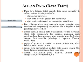 ALIRAN DATA (DATA FLOW)
 Data flow (aliran data) adalah data yang mengalir di
dalam sistem, tepatnya adalah :
 diantara dua proses
 dari data store ke proses dan sebaliknya
 dari entitas eksternal ke sistem dan sebaliknya
 Dari sifatnya data yang mengalir dapat sebagian atau
keseluruhan tergantung kebutuhan dan dilepaskan dari
pandangan proses fisik
 Nama sebuah aliran data diusahakan sesuai mewakili
objek data sebenarnya dan sedapat mungkin tidak
menimbulkan kesan proses, atau sesuatu yang berkaitan
dengan format/media (misalnya : Laporan, Faktur,
Surat, dsb)
 menyatakan data masukan ke suatu proses atau data
keluaran dari suatu proses
 dapat juga menyatakan update data dalam suatu file,
basis data atau simpanan data yang lain.
 contoh: Matakuliah yang diambil, Jumlah yang
dibayarkan, Saldo terakhir, dll
 