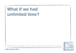 These cards are hypothetical in order to open up people’s minds and push the boundaries
WIP Summer 2015
What if we had
unlimited time?
 