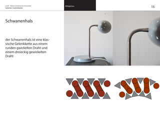 on/off – Objekte mit kalkuliertem Formwandel
Gelenke | Gelenkkette
Alltägliches
15
Schwanenhals
der Schwanenhals ist eine klas-
sische Gelenkkette aus einem
runden gwickelten Draht und
einem dreieckig gewickelten
Draht
 