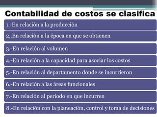 Contabilidad de costos se clasifica
1.-En relación a la producción
2,.En relación a la época en que se obtienen
3.-En relación al volumen
4.-En relación a la capacidad para asociar los costos
5.-En relación al departamento donde se incurrieron
6.-En relación a las áreas funcionales
7.-En relación al periodo en que incurren
8.-En relación con la planeación, control y toma de decisiones
 