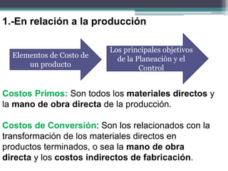 1.-En relación a la producción
Costos Primos: Son todos los materiales directos y
la mano de obra directa de la producción.
Costos de Conversión: Son los relacionados con la
transformación de los materiales directos en
productos terminados, o sea la mano de obra
directa y los costos indirectos de fabricación.
Elementos de Costo de
un producto
Los principales objetivos
de la Planeación y el
Control
 