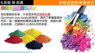 6.彩妝 與 皮膚 彩妝品色料常見成分
彩妝品色料常見成分
色彩豐富的彩妝，大多是含有合成氧化鐵
(Synthetic Iron oxide)的色料，提供了鮮豔豐富的
色彩。這一類礦物粉體是從礦物中萃取，經過化學
合成改變，已經稱不上100%天然來源。
http://www.taiwanlaser.com/cosmetic/jane.htm
 