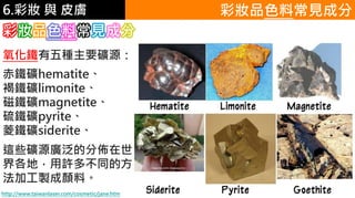 6.彩妝 與 皮膚 彩妝品色料常見成分
彩妝品色料常見成分
氧化鐵有五種主要礦源：
赤鐵礦hematite、
褐鐵礦limonite、
磁鐵礦magnetite、
硫鐵礦pyrite、
菱鐵礦siderite、
這些礦源廣泛的分佈在世
界各地，用許多不同的方
法加工製成顏料。
http://www.taiwanlaser.com/cosmetic/jane.htm
 
