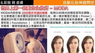 6.彩妝 與 皮膚
MODA內部安裝 2000個非常細的噴嘴，能夠以40微米的精密度同步調整；
它主要透過三個步驟完成對使用者的化妝：第一個步驟是打底妝（Primer），
通過其SPF配方確保對面部的持久覆蓋以及保護皮膚免受紫外線傷害；第二步
是粉底（Foundation ），以突出用戶的面部輪廓；最後一層3D列印則是為
其雙頰、嘴唇和眼睛加上亮麗的色彩。
自動化妝神器問世
世界上第一款數位化妝師 ~ MODA
http://www.inside.com.tw/2015/04/12/3d-printer-make-up-moda
 