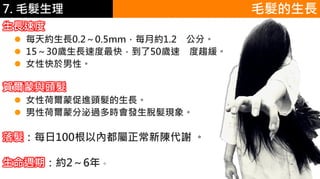 6.彩妝 與 皮膚
生長速度
 每天約生長0.2～0.5mm，每月約1.2 公分。
 15～30歲生長速度最快，到了50歲速 度趨緩。
 女性快於男性。
賀爾蒙與頭髮
 女性荷爾蒙促進頭髮的生長。
 男性荷爾蒙分泌過多時會發生脫髮現象。
毛髮的生長
落髮：每日100根以內都屬正常新陳代謝 。
生命週期：約2～6年。
7. 毛髮生理
 