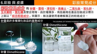 6.彩妝 與 皮膚 彩妝常見成分
彩妝常見成分 有 矽靈、雲母、滑石粉、高嶺土、二氧化鈦、氧化鋅、
玉米澱粉、氮化硼及聚合物等。由於種類多，有些廠商在產品包裝成分標示
上就以「綜合粉底成分」來顯示，無法讓使用者瞭解真正的粉底成分。
矽靈 Dimethicone
矽靈 Dimethicone
矽靈是許多種類化妝品的基劑成分 THE JOURNAL OF TAIWAN PHARMACY Vol.26 No.2 Jun. 30 2010
 