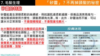 6.彩妝 與 皮膚
台大醫院皮膚部主治醫師邱品齊說：
「矽靈會附著在頭髮上，但下次洗
頭時就可以沖掉，並不會阻塞毛細
孔。」要注意的是，護髮產品中的
營養素大量堆積堵塞頭皮毛囊才會
造成損傷、落髮。
矽靈的特點
矽靈能產生滑順柔軟的絲綢感，例如讓肌膚柔軟細緻、保養品清爽易推勻、
增加質感與使用方便性、頭髮柔順有光澤…等。此外，矽靈油而不膩，可以
讓水分正常蒸發，不會囤積殘留，不會阻塞毛鱗片。
http://i-health.cc/hair-con/
「矽靈」？不再掉頭髮的秘密7. 毛髮生理
 