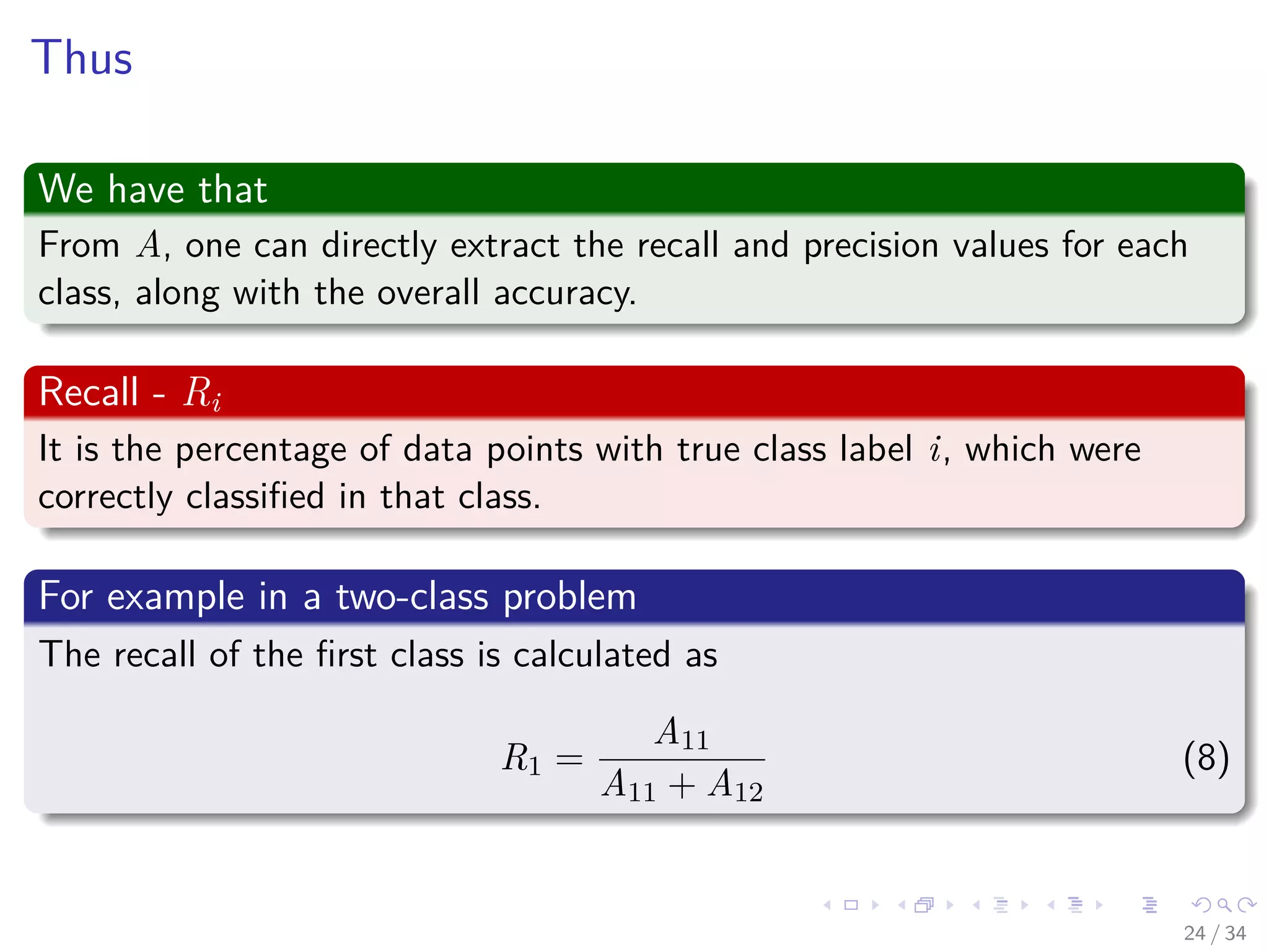 Images/cinvestav-
Thus
We have that
From A, one can directly extract the recall and precision values for each
class, along with the overall accuracy.
Recall - Ri
It is the percentage of data points with true class label i, which were
correctly classiﬁed in that class.
For example in a two-class problem
The recall of the ﬁrst class is calculated as
R1 =
A11
A11 + A12
(8)
24 / 34
 