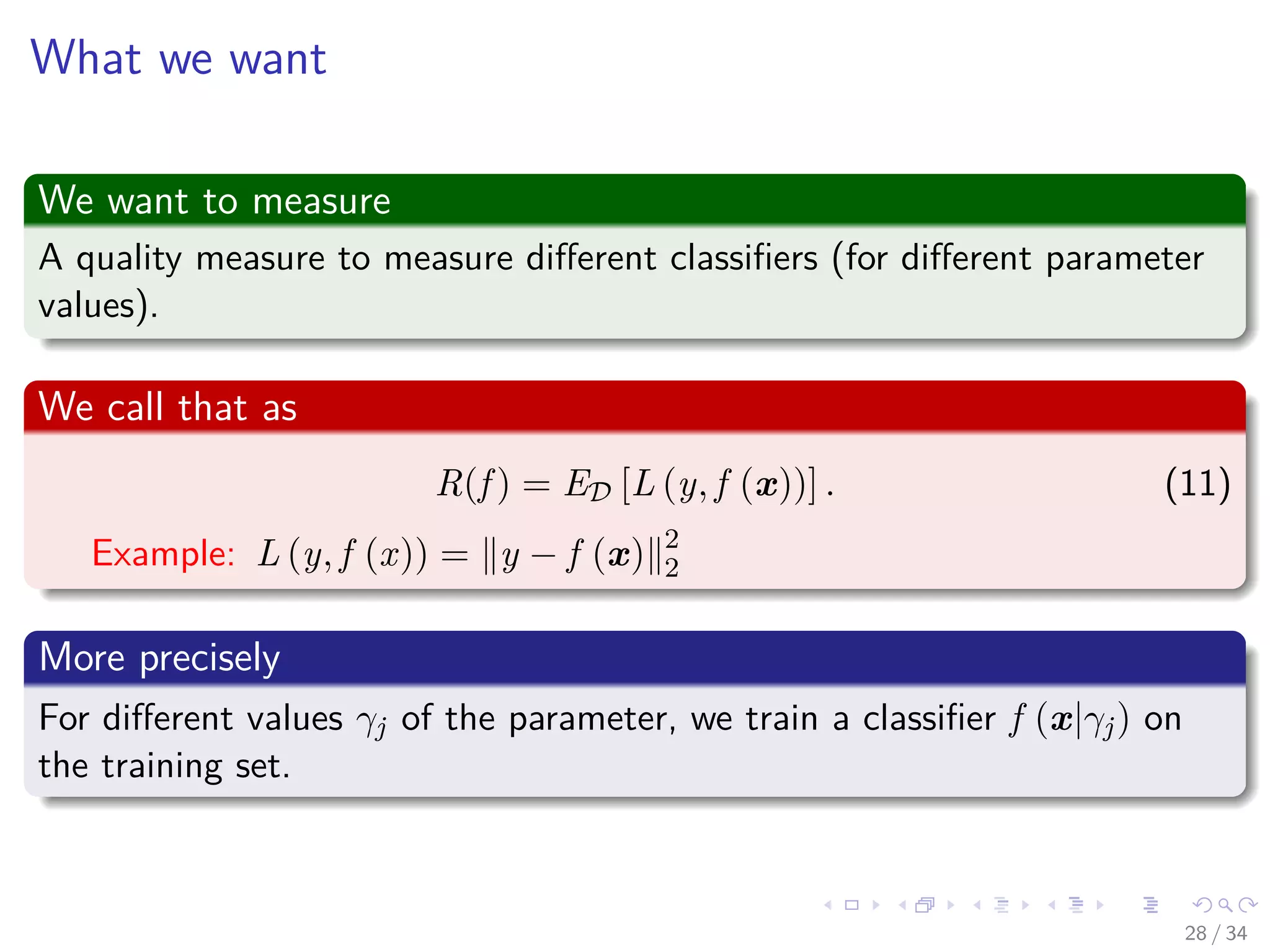 Images/cinvestav-
What we want
We want to measure
A quality measure to measure diﬀerent classiﬁers (for diﬀerent parameter
values).
We call that as
R(f ) = ED [L (y, f (x))] . (11)
Example: L (y, f (x)) = y − f (x) 2
2
More precisely
For diﬀerent values γj of the parameter, we train a classiﬁer f (x|γj) on
the training set.
28 / 34
 