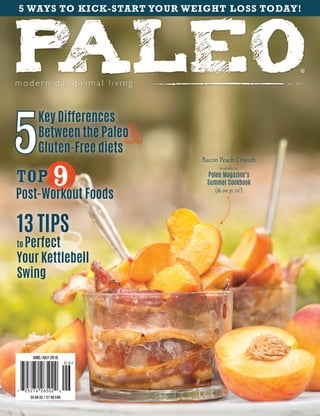 JUNE/JULY 2016
$6.99 US / $7.99 CAN
5 WAYS TO KICK-START YOUR WEIGHT LOSS TODAY!
Bacon Peach Crunch
Available in:
Paleo Magazine’s
Summer Cookbook
(& on p. 12!)
13 TIPS
to Perfect
Your Kettlebell
Swing
Top
Post-Workout Foods
Key Differences
Between the Paleo
Gluten-Free diets
 