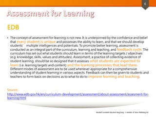 6
EDB
• The concept of assessment for learning is not new. It is underpinned by the confidence and belief
that every student is unique and possesses the ability to learn, and that we should develop
students’ multiple intelligences and potentials. To promote better learning, assessment is
conducted as an integral part of the curriculum, learning and teaching, and feedback cycle. The
curriculum has set out what students should learn in terms of the learning targets / objectives
(e.g. knowledge, skills, values and attitudes). Assessment, a practice of collecting evidence of
student learning, should be so designed that it assesses what students are expected to
learn (i.e. learning targets and content) and the learning processes that lead there.
Different modes of assessment are to be used whenever appropriate for a comprehensive
understanding of student learning in various aspects. Feedback can then be given to students and
teachers to form basis on decisions as to what to do to improve learning and teaching.
Source:
http://www.edb.gov.hk/en/curriculum-development/assessment/about-assessment/assesment-for-
learning.html
 