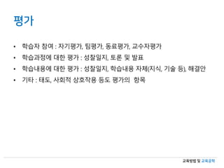 교육방법 및 교육공학
평가
• 학습자 참여 : 자기평가, 팀평가, 동료평가, 교수자평가
• 학습과정에 대한 평가 : 성찰일지, 토론 및 발표
• 학습내용에 대한 평가 : 성찰일지, 학습내용 자체(지식, 기술 등), 해결안
• 기타 : 태도, 사회적 상호작용 등도 평가의 항목
 