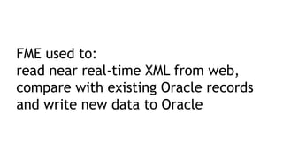 FME used to:
read near real-time XML from web,
compare with existing Oracle records
and write new data to Oracle
 