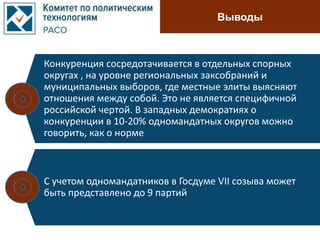 Выводы
Конкуренция сосредотачивается в отдельных спорных
округах , на уровне региональных заксобраний и
муниципальных выборов, где местные элиты выясняют
отношения между собой. Это не является специфичной
российской чертой. В западных демократиях о
конкуренции в 10-20% одномандатных округов можно
говорить, как о норме
С учетом одномандатников в Госдуме VII созыва может
быть представлено до 9 партий
 
