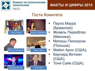 ФАКТЫ И ЦИФРЫ 2015
Гости Комитета
 Пауло Мaура
(Бразилия);
 Жизель Перезблаз
(Мексика);
 Матеуш Пискорски
(Польша);
 Майкл Арно (США);
 Бернард Витман
(США);
 Тони Сайе (США).
Пауло Мaура Жизель Перезблаз
Матеуш Пискорски Майкл Арно
Бернард Витман Тони Сайе
 