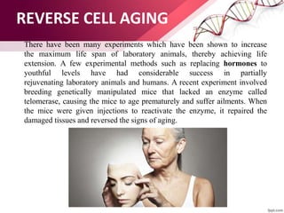 REVERSE CELL AGING
There have been many experiments which have been shown to increase
the maximum life span of laboratory animals, thereby achieving life
extension. A few experimental methods such as replacing hormones to
youthful levels have had considerable success in partially
rejuvenating laboratory animals and humans. A recent experiment involved
breeding genetically manipulated mice that lacked an enzyme called
telomerase, causing the mice to age prematurely and suffer ailments. When
the mice were given injections to reactivate the enzyme, it repaired the
damaged tissues and reversed the signs of aging.
 