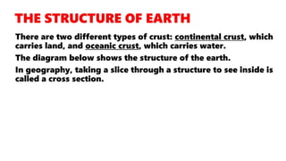 There are two different types of crust: continental crust, which
carries land, and oceanic crust, which carries water.
The diagram below shows the structure of the earth.
In geography, taking a slice through a structure to see inside is
called a cross section.
 