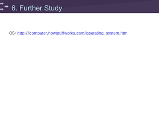 6. Further Study
OS: http://computer.howstuffworks.com/operating-system.htm
 