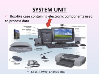 SYSTEM UNIT
• Case, Tower, Chassis, Box
 Box-like case containing electronic components used
to process data
 