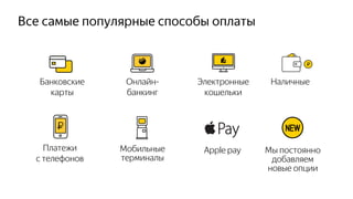 Электронные
кошельки
НаличныеОнлайн-
банкинг
Банковские
карты
Мобильные
терминалы
Мы постоянно
добавляем
новые опции
Платежи
с телефонов
Apple pay
Все самые популярные способы оплаты
 