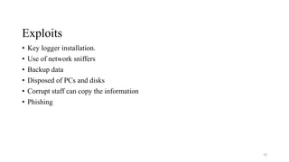 Exploits
• Key logger installation.
• Use of network sniffers
• Backup data
• Disposed of PCs and disks
• Corrupt staff can copy the information
• Phishing
10
 