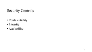 Security Controls
• Confidentiality
• Integrity
• Availability
11
 