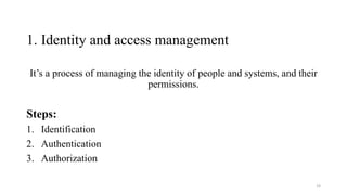 1. Identity and access management
It’s a process of managing the identity of people and systems, and their
permissions.
Steps:
1. Identification
2. Authentication
3. Authorization
19
 