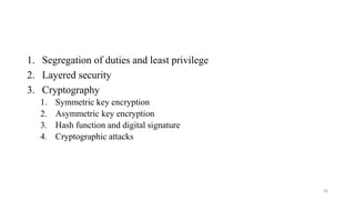 1. Segregation of duties and least privilege
2. Layered security
3. Cryptography
1. Symmetric key encryption
2. Asymmetric key encryption
3. Hash function and digital signature
4. Cryptographic attacks
20
 