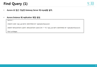 23
• Aurora 로 접근 가능한 Gateway Server 에 mysql을 설치.
• Aurora Instance 에 replication 계정 생성.
Find Query (1)
 