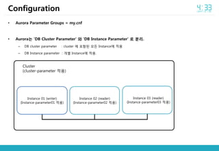 • Aurora Parameter Groups = my.cnf
• Aurora는 'DB Cluster Parameter' 와 'DB Instance Parameter' 로 분리.
– DB cluster parameter : cluster 에 포함된 모든 Instance에 적용
– DB Instance parameter : 개별 Instance에 적용.
Configuration
Cluster
(cluster-parameter 적용)
Instance 01 (writer)
(Instance-parameter01 적용)
Instance 02 (reader)
(Instance-parameter02 적용)
Instance 03 (reader)
(Instance-parameter03 적용)
 