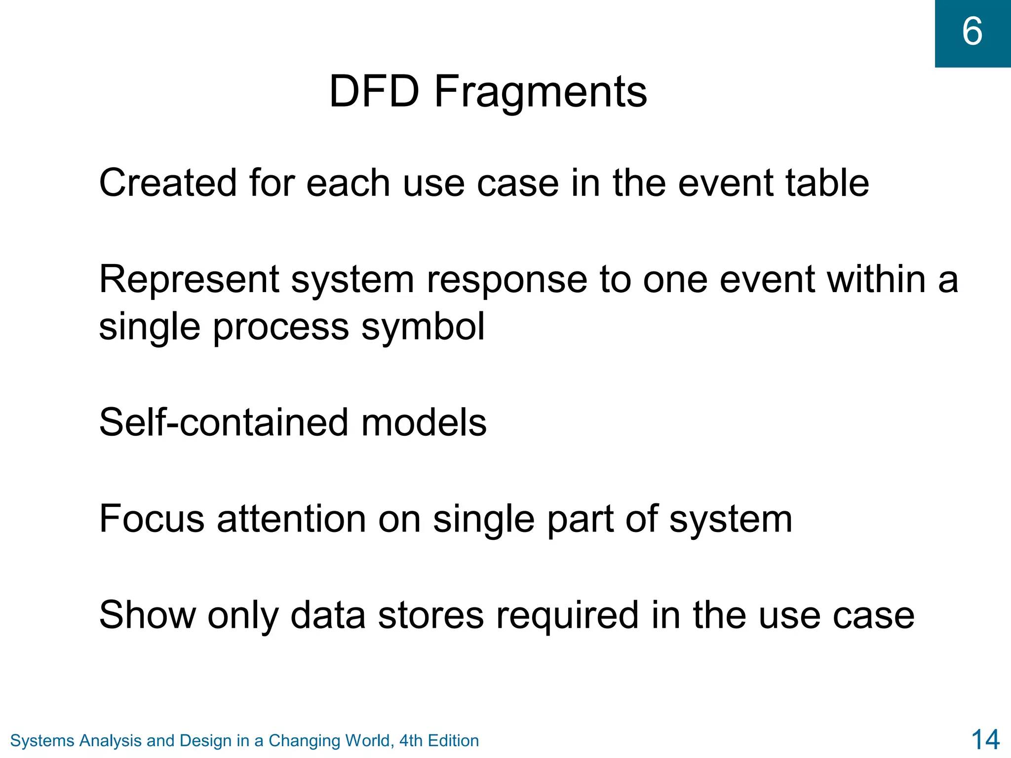 6
Systems Analysis and Design in a Changing World, 4th Edition 14
DFD Fragments
Created for each use case in the event table
Represent system response to one event within a
single process symbol
Self-contained models
Focus attention on single part of system
Show only data stores required in the use case
 