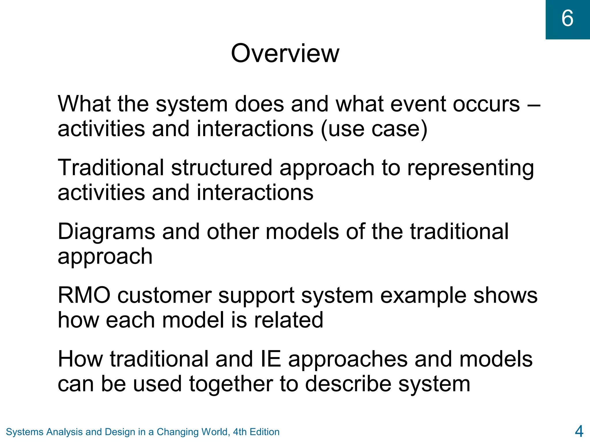 6
Systems Analysis and Design in a Changing World, 4th Edition 4
Overview
What the system does and what event occurs –
activities and interactions (use case)
Traditional structured approach to representing
activities and interactions
Diagrams and other models of the traditional
approach
RMO customer support system example shows
how each model is related
How traditional and IE approaches and models
can be used together to describe system
 