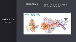 소리 전달 경로
자연 환경
소리의 전달 경로 사람마다 두개골, 귀바퀴 ,귀구멍 등의
차이로 다른 소리를 듣게 됨
 