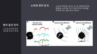 청각 공간 인지
소리의 위치에 따라
개인별 주파수 특성
소리의 위치 인식 소리의 위치(전 ,후, 좌 ,우, 위 ,아래) 에 따라
동일한 소리여도 각기 다른 주파수 특성을
가지며 이는 개인 마다 다르다.
 
