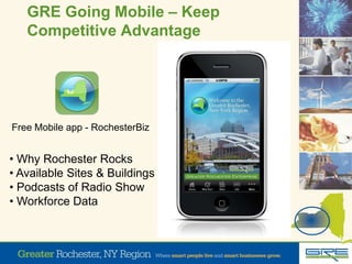 GRE Going Mobile – Keep
Competitive Advantage
Free Mobile app - RochesterBiz
• Why Rochester Rocks
• Available Sites & Buildings
• Podcasts of Radio Show
• Workforce Data
 