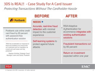 27© Copyright 2014 EMC Corporation. All rights reserved.
3DS is REAL!! - Case Study For A Card Issuer
Protecting Transactions Without The Cardholder Hassle
 