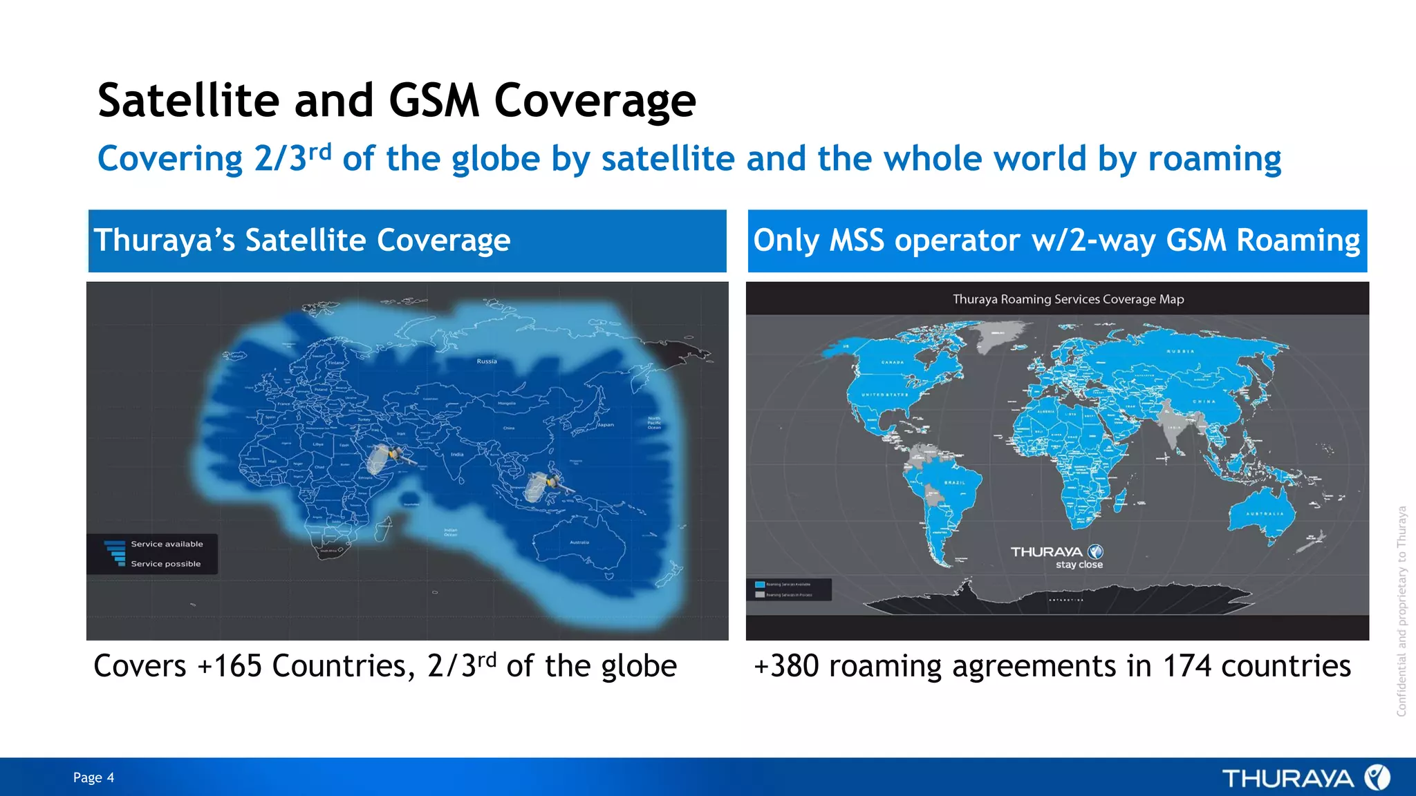Page 4
ConfidentialandproprietarytoThuraya
Satellite and GSM Coverage
Covering 2/3rd of the globe by satellite and the whole world by roaming
Thuraya’s Satellite Coverage Only MSS operator w/2-way GSM Roaming
Covers +165 Countries, 2/3rd of the globe +380 roaming agreements in 174 countries
 