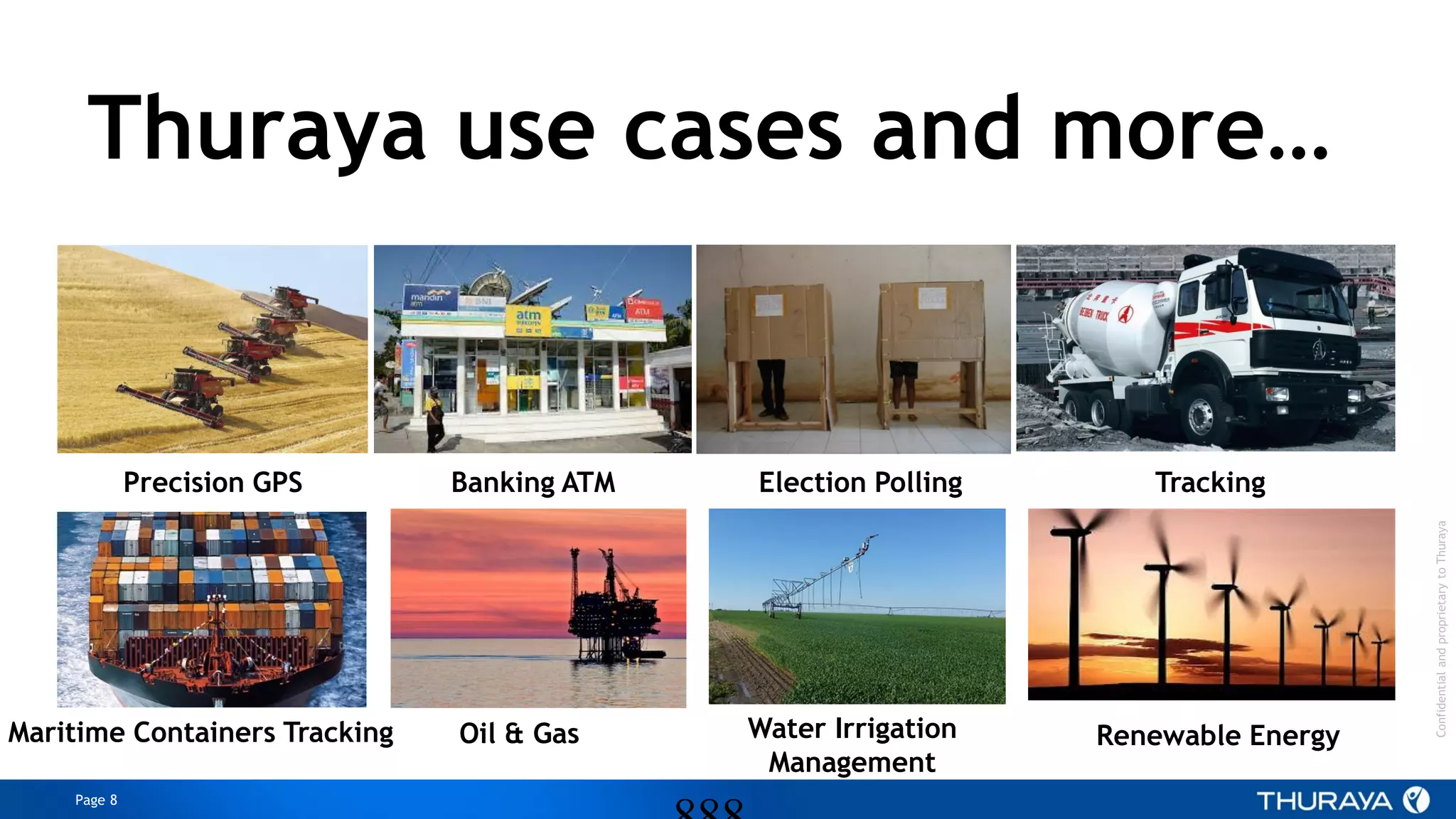Page 8
ConfidentialandproprietarytoThuraya
Thuraya use cases and more…
Precision GPS TrackingBanking ATM Election Polling
Maritime Containers Tracking Oil & Gas Water Irrigation
Management
Renewable Energy
 