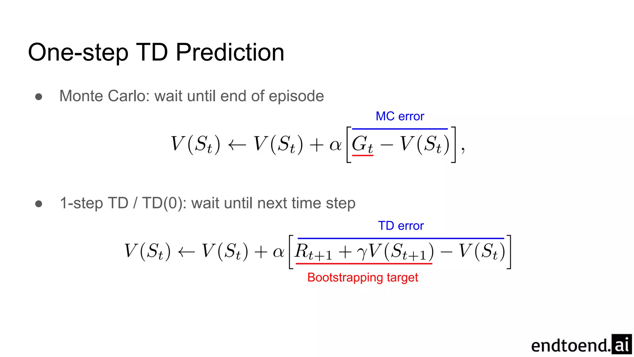 ● Monte Carlo: wait until end of episode
● 1-step TD / TD(0): wait until next time step
Bootstrapping target
TD error
MC error
One-step TD Prediction
 