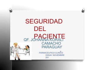 SEGURIDAD
DEL
PACIENTEQF. JOHANNA KORALÍ
CAMACHO
PARAGUAY
FARMACÉUTICO CLINICO
HNGAI NOVIEMBRE
201
 