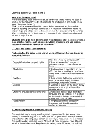 Learning outcome 2: Tasks D and E
Note from the exam board
When considering legal and ethical issues candidates should refer to the code of
practice for the regulatory body, which affects the production of print media (in our
case – the music industry).
Work could be evidenced in written format, letters to relevant bodies or online
requests applying for copyright permission. It is important that learners relate the
relevant legal and ethical issue to the print product they are producing, for instance
when considering the photos/images and language for inclusion in a print product
such as a magazine etc.
Students aiming for merit or distinction would present all of their research in a
more creative manner such as prezi, powtoom, emaze etc and use images,
videos and hyperlinks to enhance their work.
D - Legal and Ethical Considerations
Find out/define the below terms and tell us how this might have an impact on
your print products.
How this effects my print product?
Copyright/intellectual property rights If I use someone else’s images or
products for my CD cover I could be
sued.
Slander/libel If I put someone or something on my
CD cover that is insulting or could take
away some or their credibility I could be
sued.
Royalties If I use images that belong to someone
else I would have to pay a certain
percentage of my profit to them.
Violence If violence is shown on the cover, it may
cause someone to go and copy the
violence shown.
Offensive language/behaviour/material An underage listener could learn bad
language and go on to use it in a school
or public place, I would be responsible
for that and could be taken
Public interest If my product contains derogatory
images or text, it could cause the
welfare to go down.
E - Regulatory Bodies in the Music Industry
The music industry is mostly a self-regulated organisation. But just as any other
industry it must have regulators to protect all the people involved in the production
and realisation of a song, cd, a concert etc (copyright, trade, music representation).
The most important are listed below. Although all these companies have different
aims the vision is the same, keep the music industry alive. However, the fact that
 
