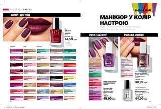 BAR
МАНІКЮР У КОЛІР
НАСТРОЮЗадай колір свого настрою з яскравою палітрою
стійких лаків для нігтів, що дарують догляд.
Сяюче покриття,
що захищає манікюр.
КОЛІР І ДОГЛЯД
ЕФЕКТ САТИНУ РОЖЕВА ІЛЮЗІЯ
НОВЕ ПОКОЛІННЯ
НАПІВМАТОВИХ
ЛАКІВ
62 63
Лак
для нігтів
«Експерт
кольору»
10 мл
75,00 грн
44,99 грн
Напівматовий
лак для нігтів
«Дизайн-студія.
Ефект сатину»
10 мл
80,00 грн
49,99 грн
Disco Diva
Сріблястий
31330
Bronzed Babe
Золотистий
33164
Island Goddess
Зелений
34823
Miss Drama
Червоний
32641
Electric Dancer
Ніжно-рожевий
32376
Pampered Princess
Яскраво-рожевий
33063
Leading Lady
Бузковий
32141
Hail To The Queen
Фіолетовий
33106
Runway Model
Бронзовий
35062
Верхнє покриття
для нігтів «Міцні нігті»
10 мл 86758
75,00 грн
44,99 грн
∆ - глянцеві
O - перламутрові
* - з блискітками
Напівматовий лак
для нігтів «Дизайн-
студія. Ефект сатину.
Рожева ілюзія»
10 мл
80,00 грн
49,99 грн
Digital Illusion
Ілюзорний рожевий
02275
Pretty in Pink
Ніжно-рожевий
36027
Metallize Me
Рожевий металік
01902
Glam Rock
Гламурний рожевий
36073
ПАСТЕЛЬЧЕРВОНІ НЮД
∆ Candyfloss
Солодка вата
02974
∆ Cherry Jubilee
Вишневий
97305
∆ French Tip Lilac
Французький бузок
03879
∆ Orchid Splash
Орхідея
97622
∆ Perfectly Flesh
Спалах
03926
∆ Pink Creme
Рожевий крем
07302
∆ Coral Reef
Кораловий риф
97326
* Golden Vision
Золоті мрії
05828
∆ Lavender Luxury
Лаванда
03889
O Majestic Mauve
Чудовий бузковий
05829
O Rose Gold
Золота троянда
03927
∆ Real Red
Класичний червоний
98001
∆ Tweed
Твід
03954
∆ Simply Cinnamon
Кориця
42883
Icy Purple
Фіолетовий лід
43772
Arctic Steel
Сталевий
43096
Copper Gleam
Мідне сяйво
45634
∆ Paprika Pumps
Пурпурний
42931
МАКІЯЖ
Gold Leaf
Золотий лист
44805
∆ Innocence
Ніжність
46943
∆ Turquoise Water
Бірюза
46909
∆ Licorice
Лакриця
05306
∆ Viva Pink
Рожеві окуляри
03994
∆ Sheer Light Pink
Світлий рожевий
03931
∆ Smokiest Plum
Димчастий сливовий
06173
∆ Vintage Boutique
Вінтаж
98205
∆ Royal Raspberry
Стигла малина
03929
∆ Sea Breeze
Морський бриз
98203
O Noir Emerald
Темний смарагд
03900
∆ Naked Truth
Натуральний
97570
∆ Pastel Pink
Ніжний рожевий
97709
∆ Lemon Sugar
Лимонний цукат
97566
O Cosmic Blue
Синій космос
03823
∆ Dusty Fog
Туман
03873
∆ Coral Confidence
Корал
03517
∆ Blue Belle
Блакитне море
02448
O Berry Shimmer
Іскристий ягідний
07264
∆ Beige Beauty
Бежева досконалість
01999
∆ Sinful Romance
Романтика
46864
O Decadence
Декаданс
97559
201906_EE_11_0045.indd All Pages 10/01/2019 15:39
 