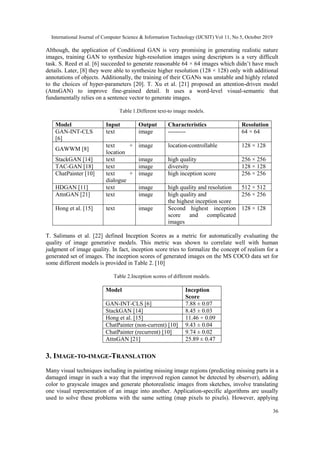 International Journal of Computer Science & Information Technology (IJCSIT) Vol 11, No 5, October 2019
36
Although, the application of Conditional GAN is very promising in generating realistic nature
images, training GAN to synthesize high-resolution images using descriptors is a very difficult
task. S. Reed et al. [6] succeeded to generate reasonable 64 × 64 images which didn’t have much
details. Later, [8] they were able to synthesize higher resolution (128 × 128) only with additional
annotations of objects. Additionally, the training of their CGANs was unstable and highly related
to the choices of hyper-parameters [20]. T. Xu et al. [21] proposed an attention-driven model
(AttnGAN) to improve fine-grained detail. It uses a word-level visual-semantic that
fundamentally relies on a sentence vector to generate images.
Table 1.Different text-to image models.
Model Input Output Characteristics Resolution
GAN-INT-CLS
[6]
text image --------- 64 × 64
GAWWM [8]
text +
location
image location-controllable 128 × 128
StackGAN [14] text image high quality 256 × 256
TAC-GAN [18] text image diversity 128 × 128
ChatPainter [10] text +
dialogue
image high inception score 256 × 256
HDGAN [11] text image high quality and resolution 512 × 512
AttnGAN [21] text image high quality and
the highest inception score
256 × 256
Hong et al. [15] text image Second highest inception
score and complicated
images
128 × 128
T. Salimans et al. [22] defined Inception Scores as a metric for automatically evaluating the
quality of image generative models. This metric was shown to correlate well with human
judgment of image quality. In fact, inception score tries to formalize the concept of realism for a
generated set of images. The inception scores of generated images on the MS COCO data set for
some different models is provided in Table 2. [10]
Table 2.Inception scores of different models.
Model Inception
Score
GAN-INT-CLS [6] 7.88 ± 0.07
StackGAN [14] 8.45 ± 0.03
Hong et al. [15] 11.46 + 0.09
ChatPainter (non-current) [10] 9.43 ± 0.04
ChatPainter (recurrent) [10] 9.74 ± 0.02
AttnGAN [21] 25.89 ± 0.47
3. IMAGE-TO-IMAGE-TRANSLATION
Many visual techniques including in painting missing image regions (predicting missing parts in a
damaged image in such a way that the improved region cannot be detected by observer), adding
color to grayscale images and generate photorealistic images from sketches, involve translating
one visual representation of an image into another. Application-specific algorithms are usually
used to solve these problems with the same setting (map pixels to pixels). However, applying
 