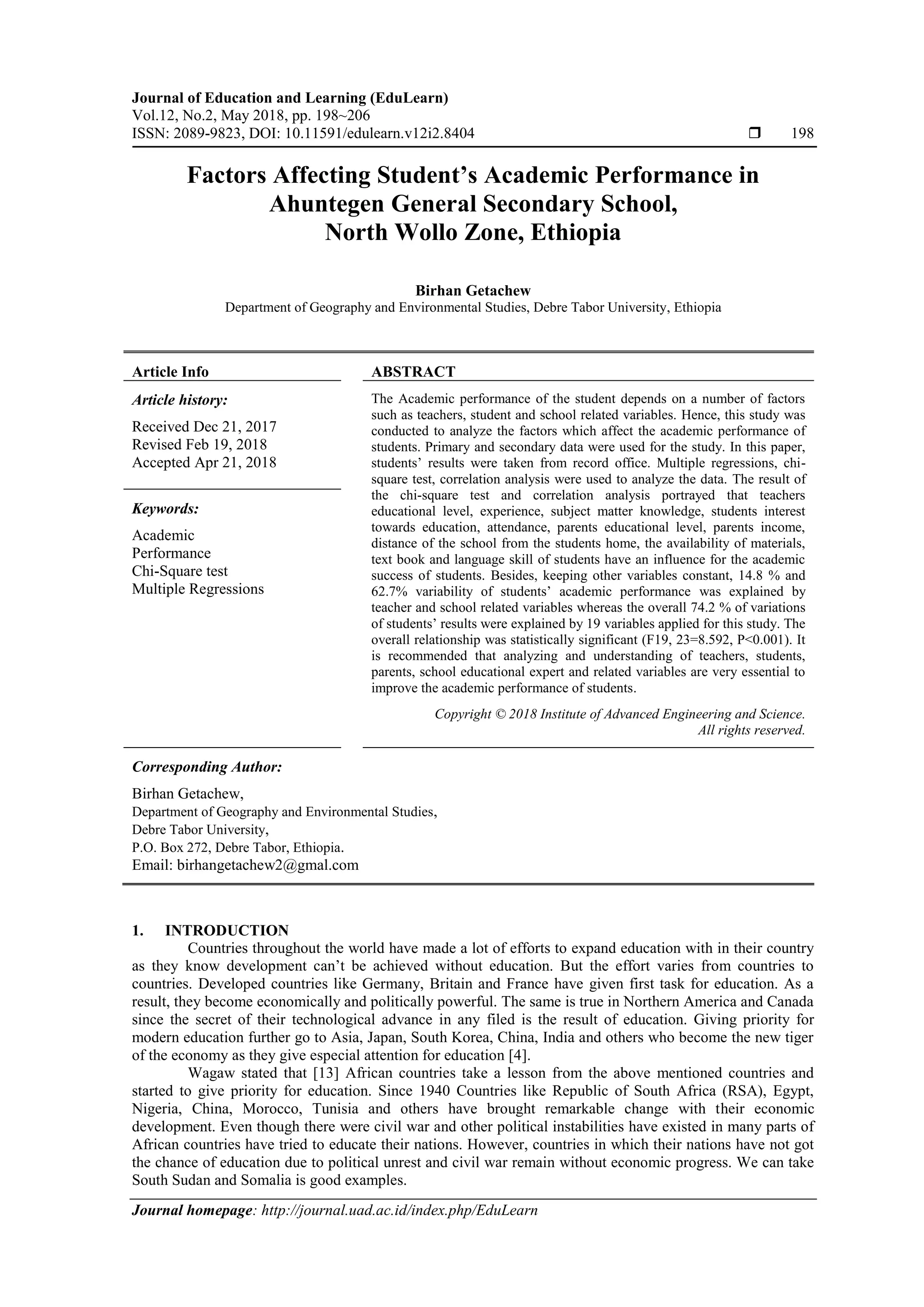 Factors Affecting Student’s Academic Performance in Ahuntegen General ...