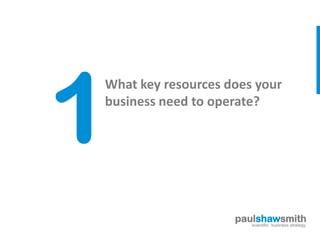 What key resources does your
business need to operate?




                    paulshawsmith
                       scientific business strategy
 