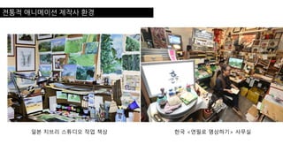 전통적 애니메이션 제작사 환경
일본 지브리 스튜디오 작업 책상 한국 <연필로 명상하기> 사무실
 